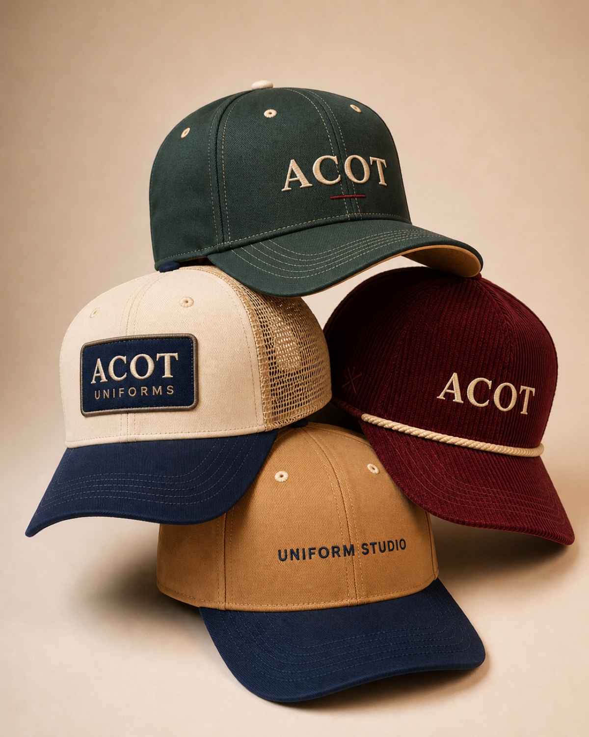 Stack of custom embroidered caps in burgundy, charcoal and ivory